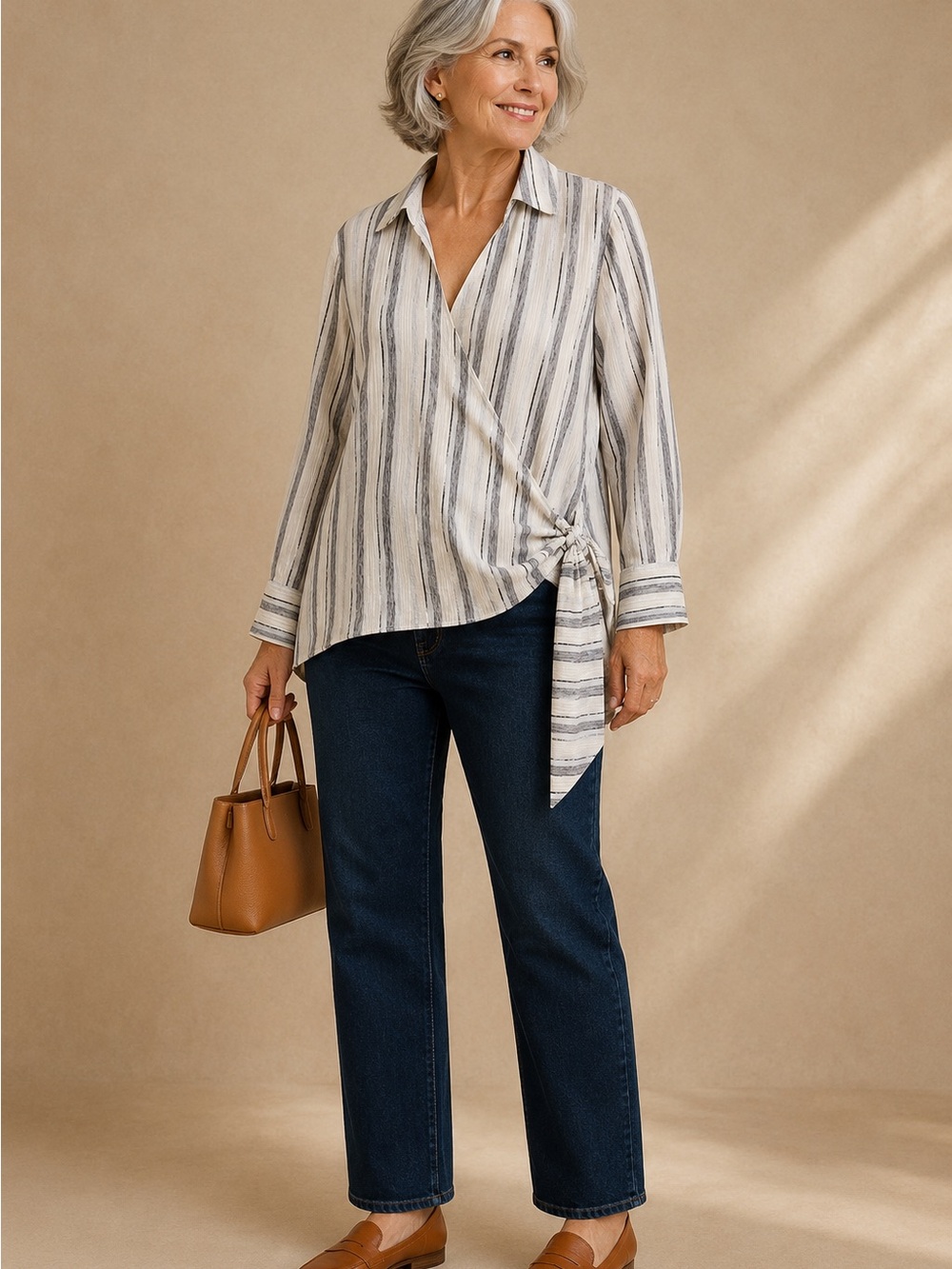 Long Tall Sally Striped Cotton Wrap Tie Blouse US 12